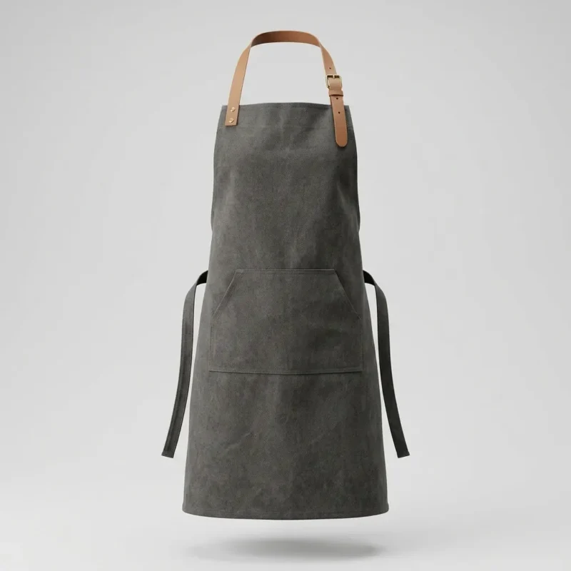 Barista apron in charcoal canvas with adjustable neck strap and front pocket