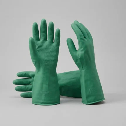 Pair of green nitrile chemical-resistant gauntlet gloves with textured grip