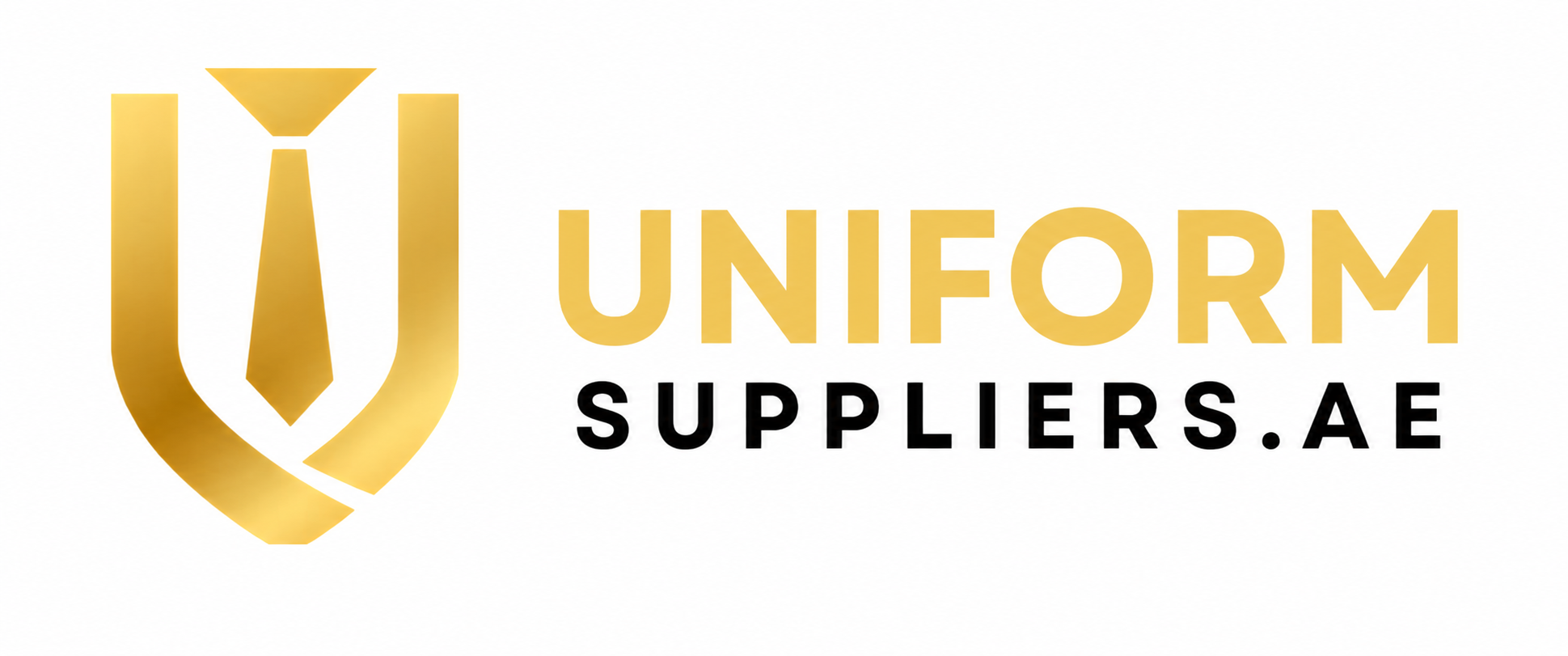 Gold gradient logo with the word 'UNIFORM' in large letters and 'SUPPLIERS.AE' in black below, plus a gold abstract U/tie emblem on the left.