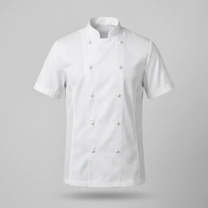 White short-sleeve double-breasted pastry chef jacket with mesh side panels