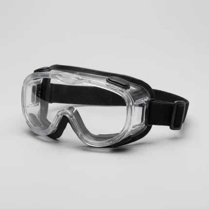 Clear polycarbonate safety goggles with vented frame and elastic strap