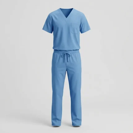 Ceil blue surgical theatre scrubs set with V-neck top and drawstring trousers