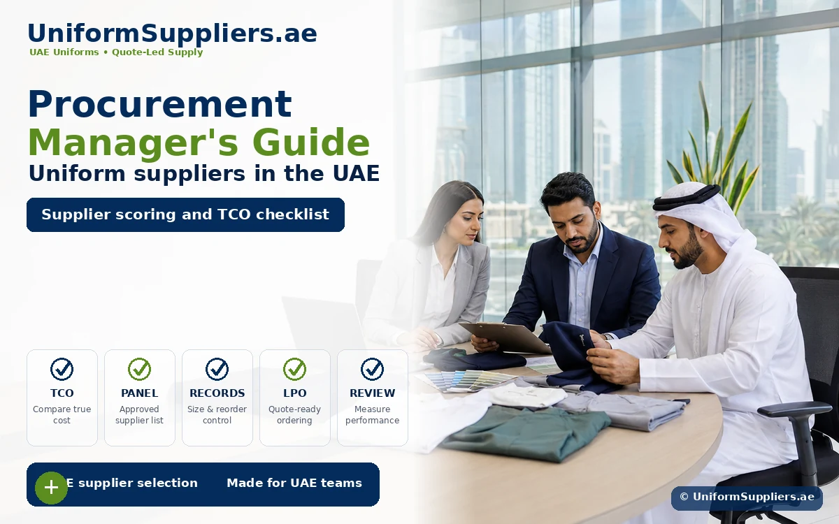 Hero banner for UniformSuppliers.ae: 'Procurement Manager's Guide' for UAE uniforms, with a team reviewing documents in a bright office and supplier-evaluation icons at the bottom.