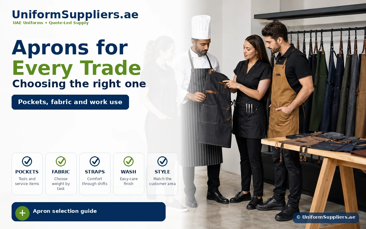 Banner for UniformSuppliers.ae: text reads "Aprons for Every Trade" with staff selecting aprons in a showroom.