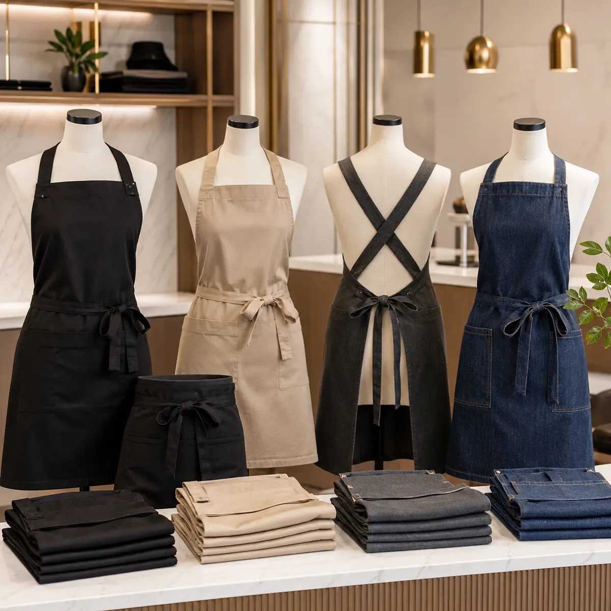 Hospitality aprons including bib waist and cross-back styles for UAE cafes and hotels