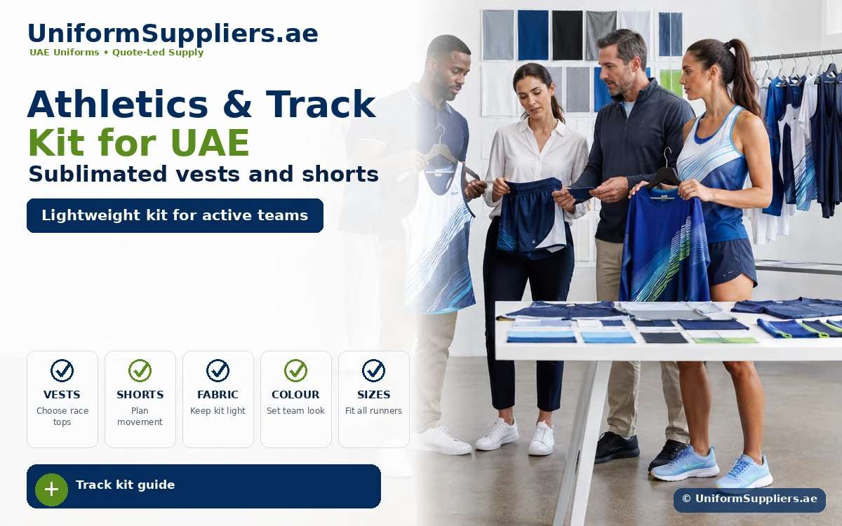 Hero banner: four people examine fabric swatches and uniforms in a showroom beside clothing racks, promoting UAE athletics kit.