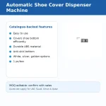 Infographic: Automatic Shoe Cover Dispenser Machine with a features list (easy to use; covers shoe bottom efficiently; durable ABS material; anti-skid bottom; white, silver, golden options; 1 pc/box) and a small product image to the right; MOQ editable note at the bottom about quotes for UAE, Saudi, Oman & Qatar.