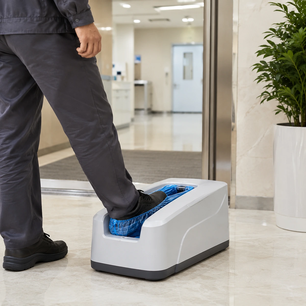 automatic-shoe-cover-dispenser-machine-in-use-uae Person steps into a blue disposable boot cover inside a footwear sanitation device in a clean lobby or corridor.