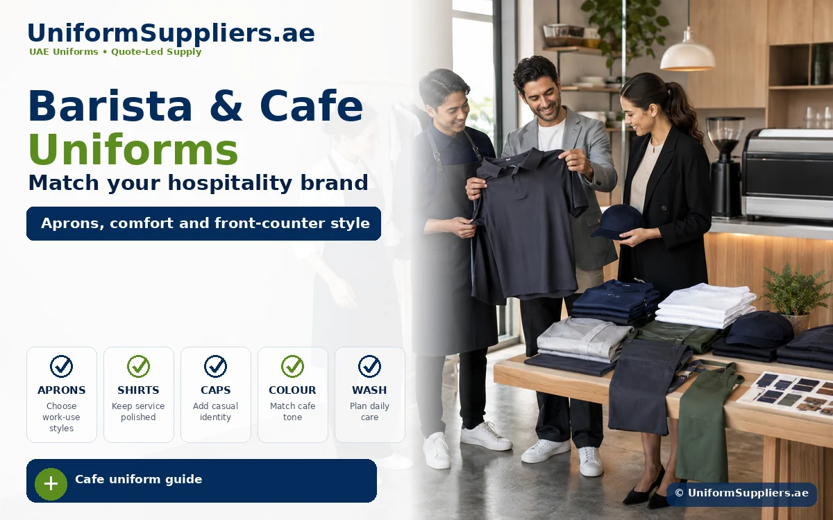 Storefront promo image showing barista uniforms and ready-to-wear apparel for cafe staff with people inspecting navy shirts on a table. Text reads Barista & Cafe Uniforms; aprons, shirts, caps, color, wash icons are below.