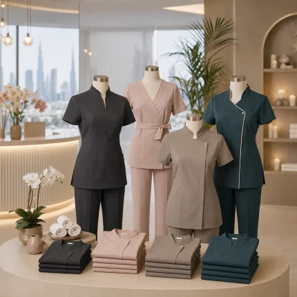 Beauty and wellness uniforms including salon tunics, spa uniforms and therapist attire