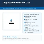 Product info: Disposable Bouffant Cap for food, healthcare, and workshop use, with features like non-woven materials, assorted sizes and colors, and packaging options listed on the panel.