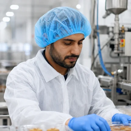 Male lab technician wearing a blue hairnet, white coat, and blue gloves inspecting food items on a production line in a cleanroom setting.