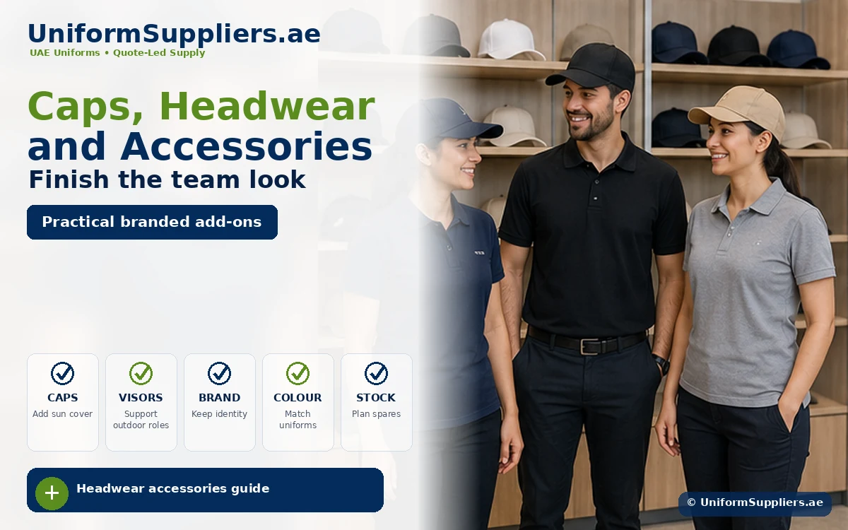 Branded caps and headwear accessories image for UAE uniform supply