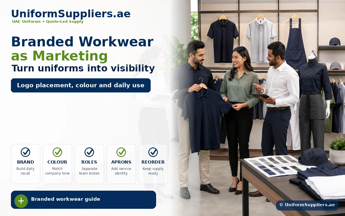 Store display with four people examining navy polo shirts; left side shows the Branded Workwear marketing headline and a blue callout button about logo placement and daily use.