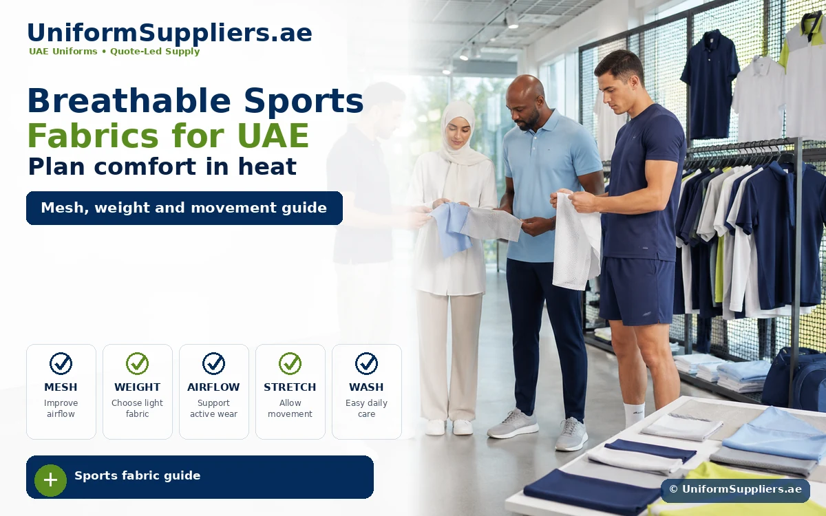 Hero banner: three people compare fabric swatches in a clothing store, advertising breathable sports fabrics for UAE.