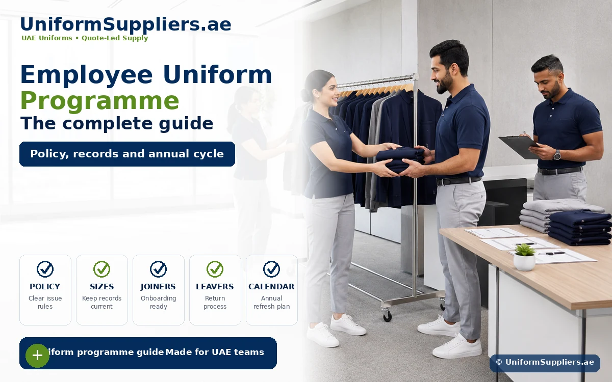 Hero banner for UniformSuppliers.ae: employees in a showroom exchanging uniforms beside a clothing rack, promoting the Employee Uniform Programme guide.