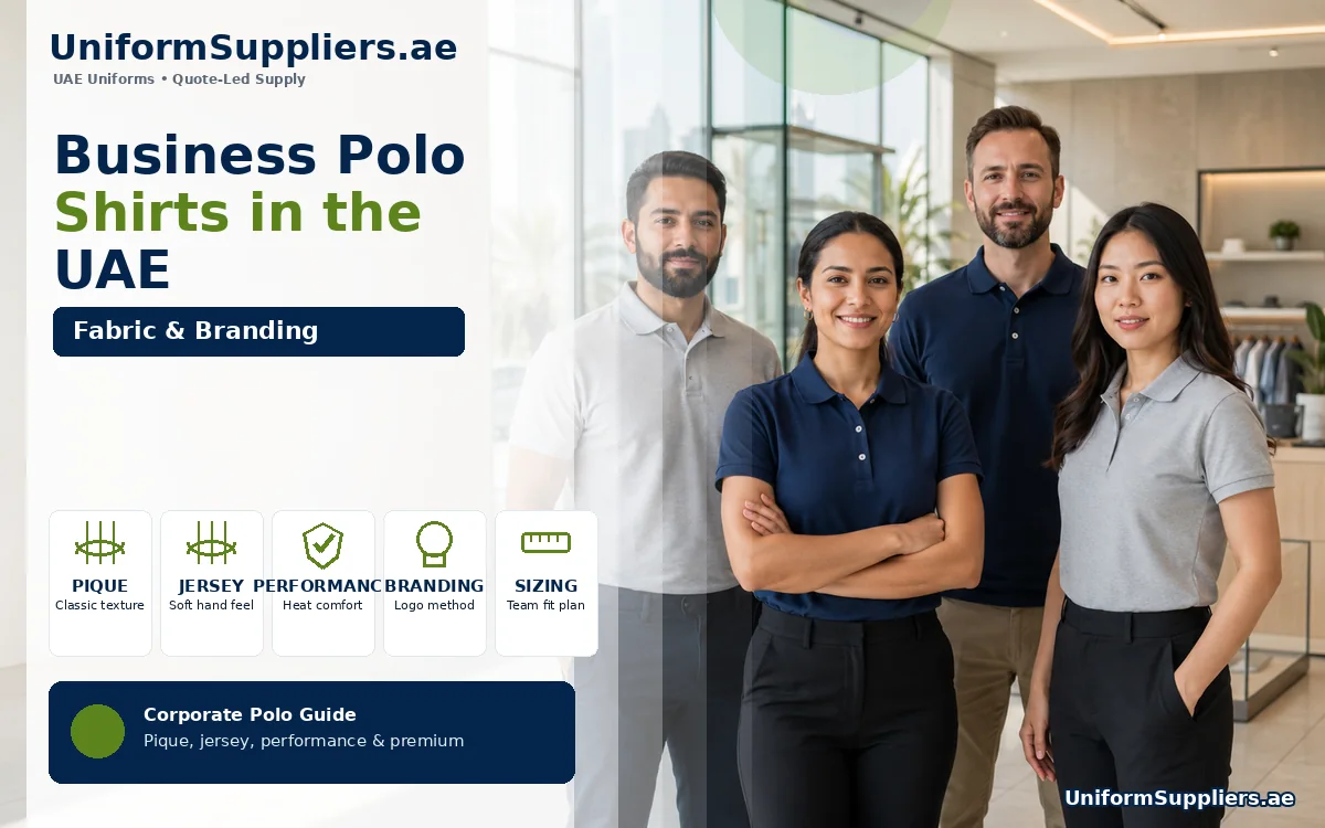 Retail team wearing plain navy and grey polo shirts in a bright modern showroom in the UAE
