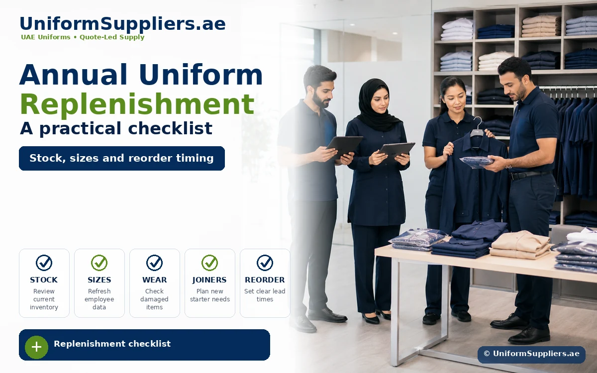 Uniform Suppliers banner: 'Annual Uniform Replenishment — A practical checklist'; staff use tablets in a uniform shop with shelves of clothing in the background.