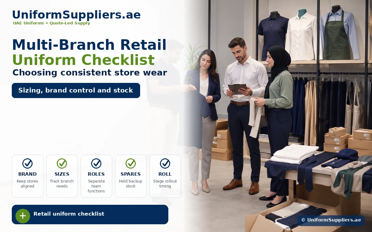 Hero banner for UniformSuppliers.ae showing staff in a clothing store discussing uniforms, with the 'Multi-Branch Retail Uniform Checklist' headline.