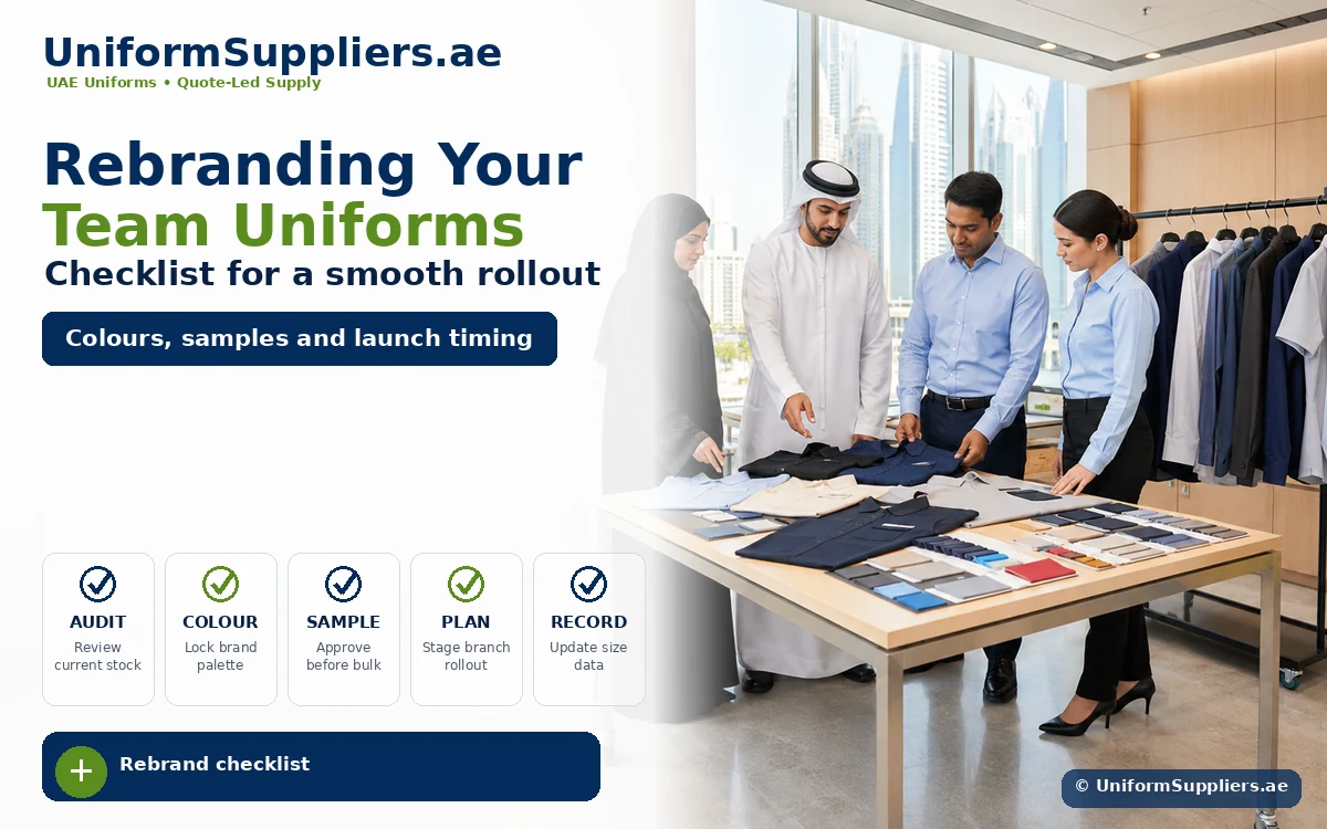Banner advertising rebranding team uniforms with a checklist; professionals review fabric swatches at a showroom table.