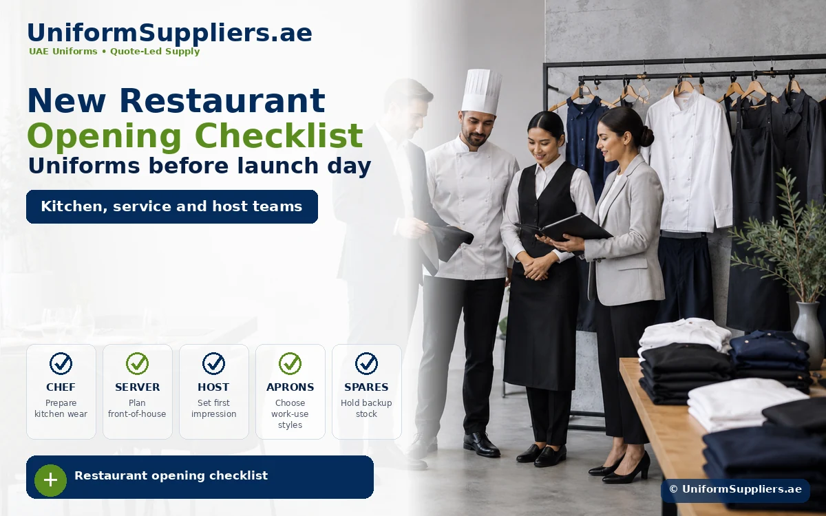 Infographic hero image showing a UAE restaurant team planning chef, server and host uniforms before opening day.