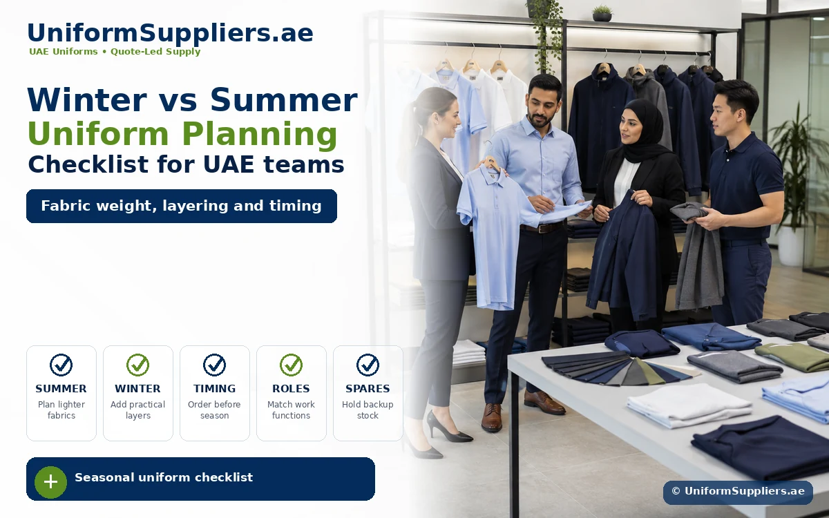 Professional team in a clothing showroom reviewing uniforms, with racks of shirts in the background and a banner about a Winter vs Summer Uniform Planning Checklist for UAE teams.