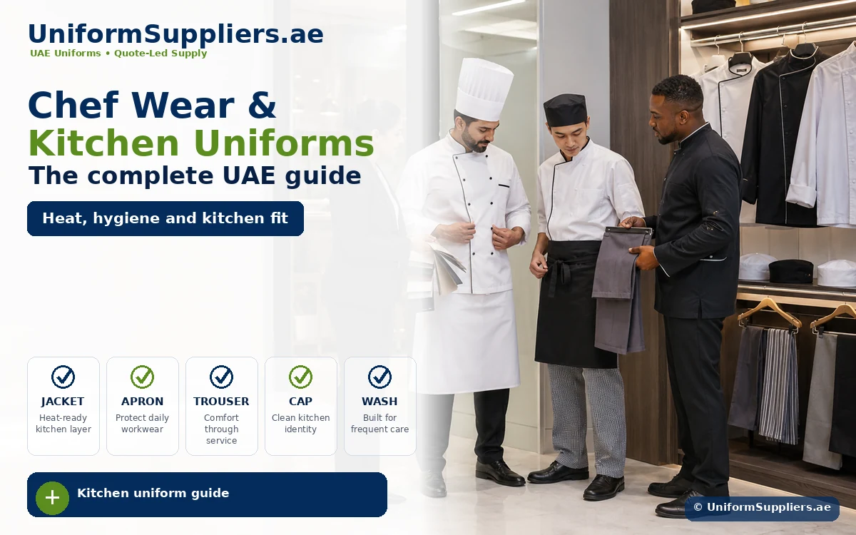 Hero banner for UniformSuppliers.ae showing three men in kitchen uniforms (chefs and staff) in a showroom, with the headline 'Chef Wear & Kitchen Uniforms' and 'The complete UAE guide'.