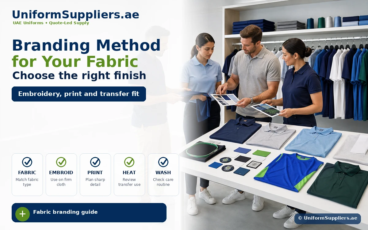 Branding method for fabric: team reviews fabric swatches and color samples at a display table with rows of polo shirts in blue, green, and gray in a showroom.