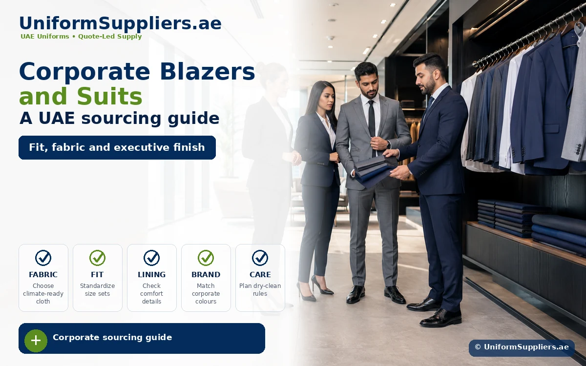 Hero image showing five professionals in a formal clothing store reviewing fabric swatches, with the headline 'Corporate Blazers and Suits' for a UAE sourcing guide.