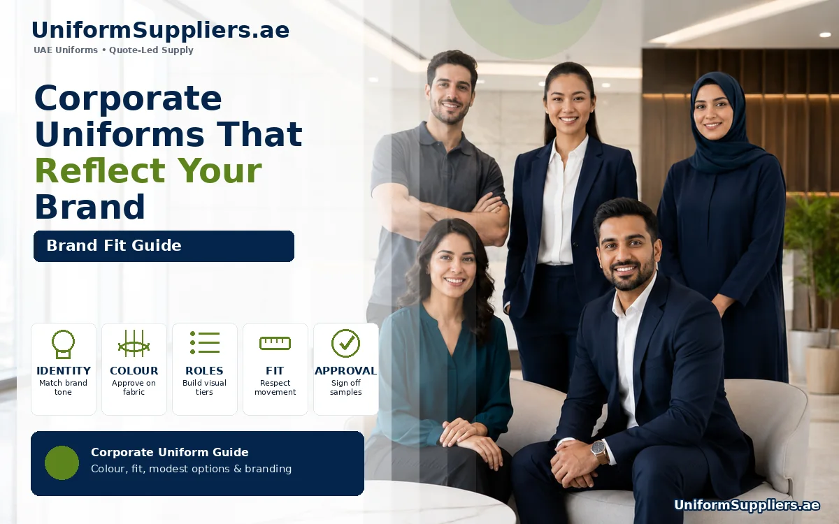 Diverse corporate team in coordinated plain uniforms in a bright modern UAE office reception