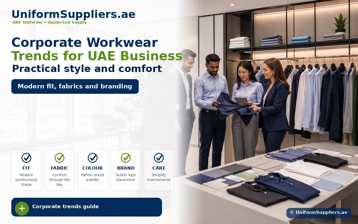 Infographic hero image showing a UAE business team reviewing corporate workwear trends, fabrics and branding options.