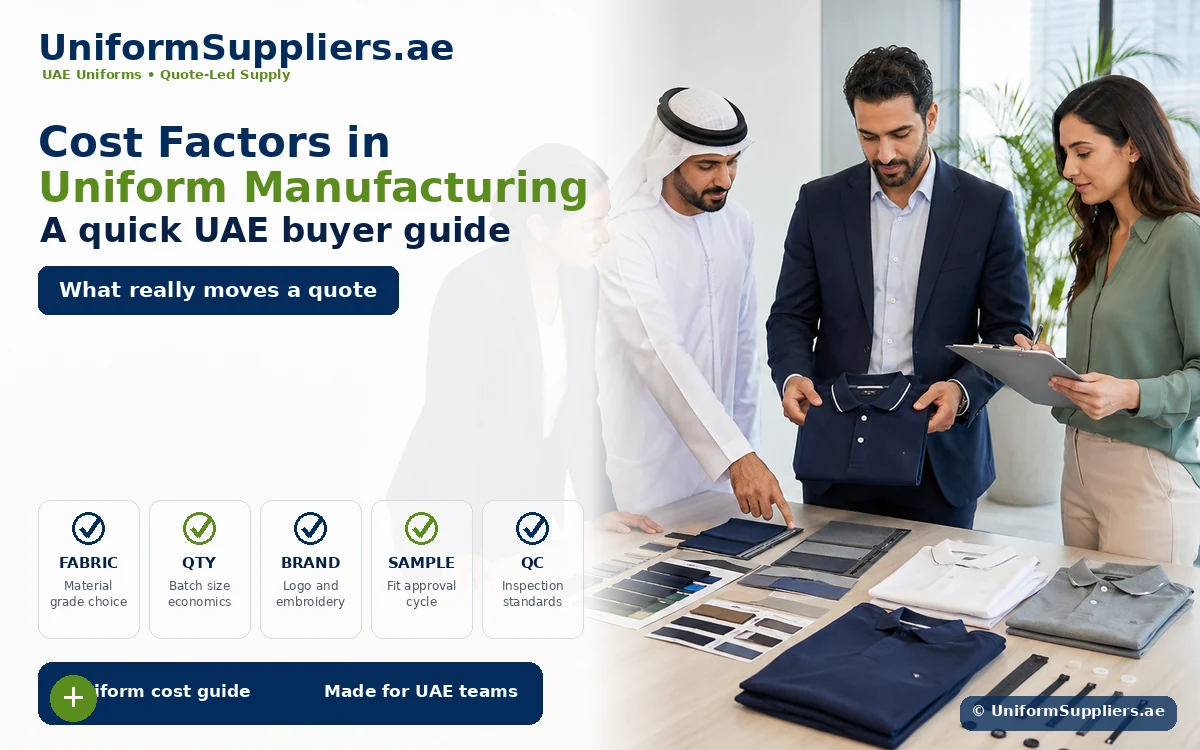 Hero banner for UniformSuppliers.ae showing a team reviewing fabric swatches and polo shirts with bold blue/green typography and a call-to-action button to learn about cost factors in uniform manufacturing in the UAE.