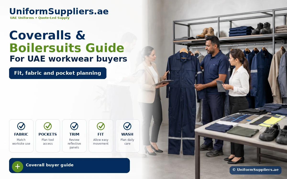Hero banner for a UAE workwear guide: four people in a uniform showroom discussing navy coveralls, with shelves of clothing in the background and the headline 'Coveralls & Boilersuits Guide For UAE workwear buyers'.
