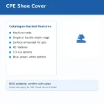 CPE Shoe Cover page: left rounded card lists features (machine-made, elastic edge, embossed grip, PE material, weight and color options) with a small blue shoe cover image on the right; bottom note mentions MOQ editable and sales quote.