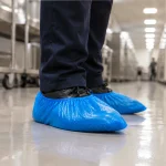 Person wearing blue disposable shoe covers over black shoes in a cleanroom or laboratory hallway