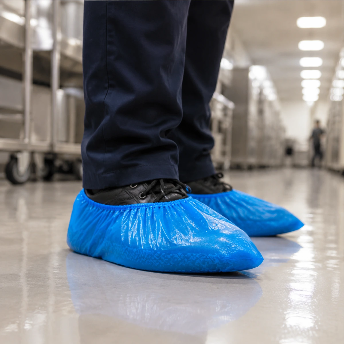 cpe-shoe-cover-in-use-uae Person wearing blue disposable shoe covers over black shoes in a cleanroom or laboratory hallway