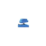 Stack of rolled blue towels with a blue rain poncho folded in a plastic bag beside them.