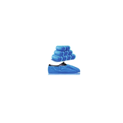 Stack of bright blue rolled towels arranged in a pyramid with one blue disposable shoe cover in front.