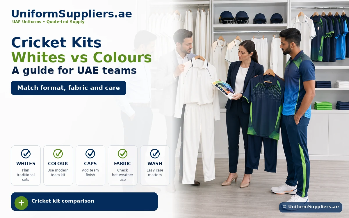 Group of people in a showroom examining cricket uniforms and fabric swatches under a banner that reads 'Cricket Kits Whites vs Colours'.
