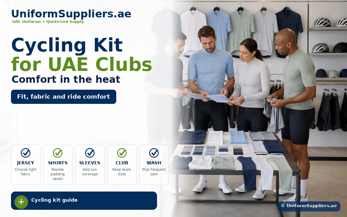 Promotional banner showing four people in cycling apparel in a showroom, with text 'Cycling Kit for UAE Clubs – Comfort in the heat'.