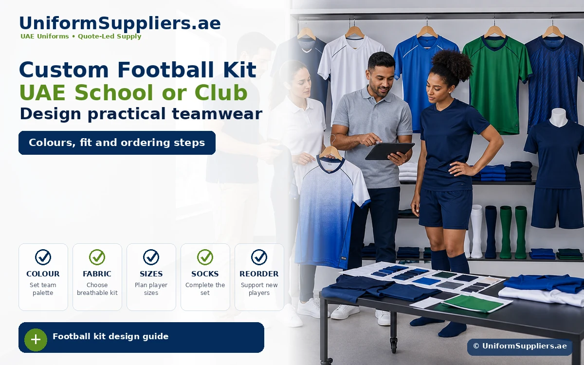 Hero banner for UniformSuppliers.ae: team discussing a custom football kit design on a tablet, with jerseys and color swatches in the shop.