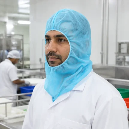 Factory worker wearing a disposable astronaut hood cap in a sterile production area