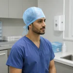 Healthcare professional wearing a disposable doctor tie cap in a clinical workplace