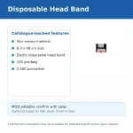 Disposable Head Band product page: features list—non-woven material, 6.3 x 48 cm, elastic head band, 100 pcs/bag, 2,500 pcs/carton; small thumbnail of headbands on the right.
