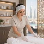Spa therapist in beige uniform smoothing a white towel on a treatment table, wearing a white headband and gloves in a serene, sunny treatment room