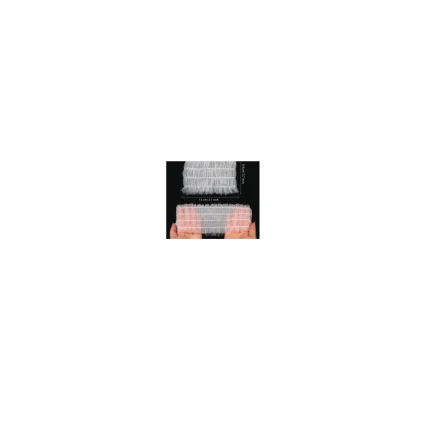 Close-up of white and pink braided cords stacked on a black background with measurement markings along the edge.