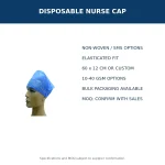 Disposable nurse cap features including non-woven or SMS material, size, GSM and bulk packaging