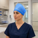 Healthcare worker wearing a blue disposable nurse cap in a clinical workplace