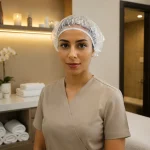 Spa professional wearing a disposable PE shower cap in a treatment room
