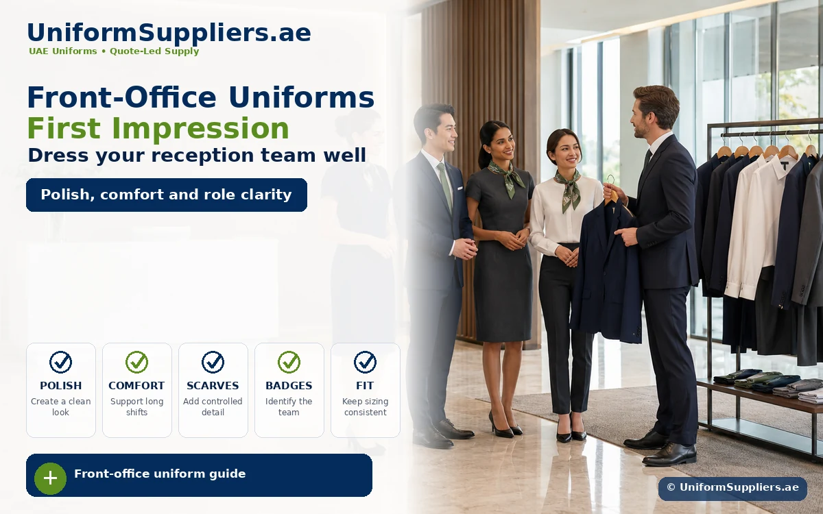 Infographic hero image showing front-office staff reviewing professional reception uniforms for a strong first impression.
